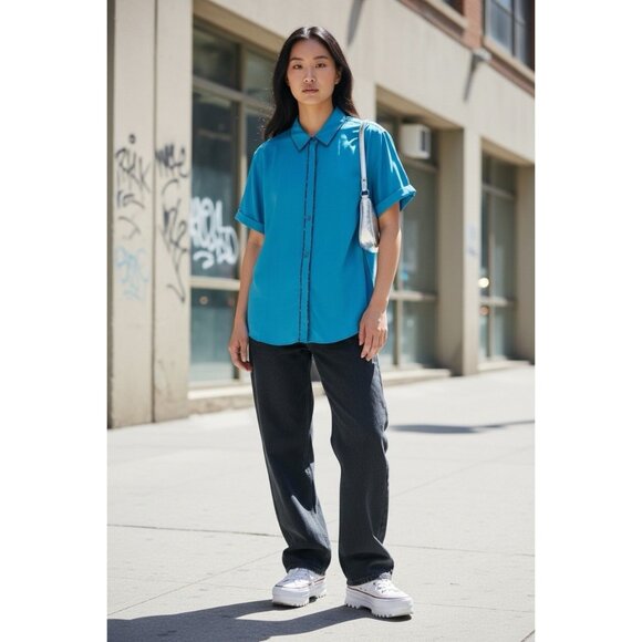 Wildfang Tops - Wildfang Empower Piped Button Up Shirt Large Teal Rayon Androgynous Chic